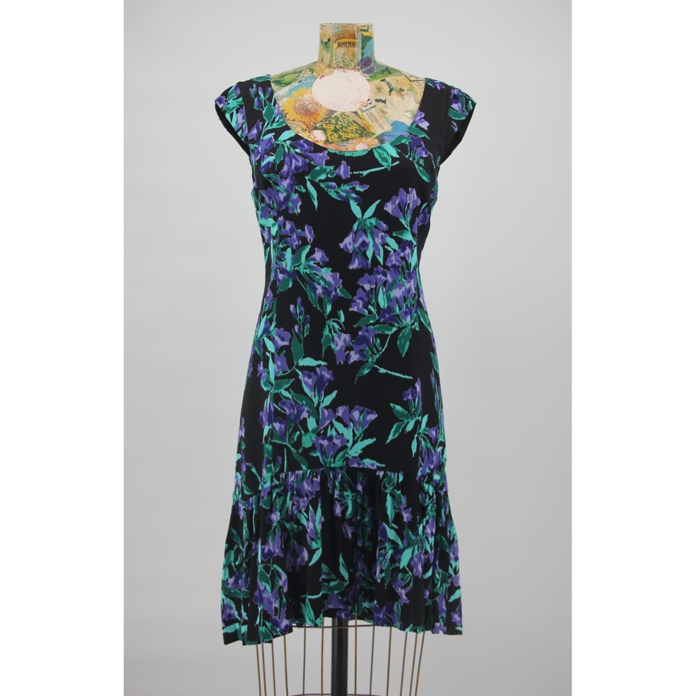 Ann Taylor Black Purple Green Floral Cap Sleeve Drop Waist Lined Dress Sz 4 #165
